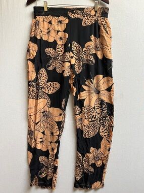 EVA Brazil 100% Silk Floral & Butterfly Print Pull-On Pants - Size 44 (US L)